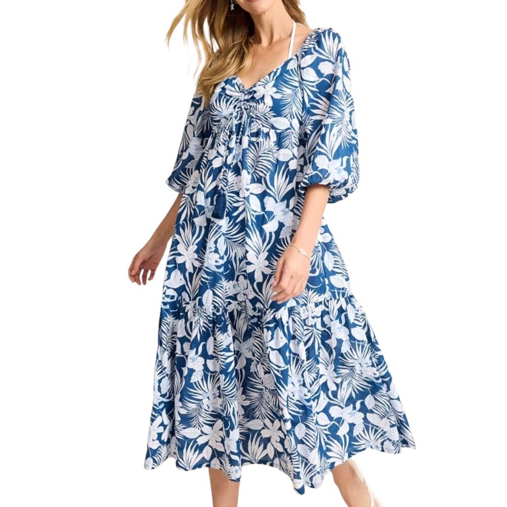 Tommy Bahama Island Blooms Midi Dress Blue White Floral Puff Sleeves Smocked XS